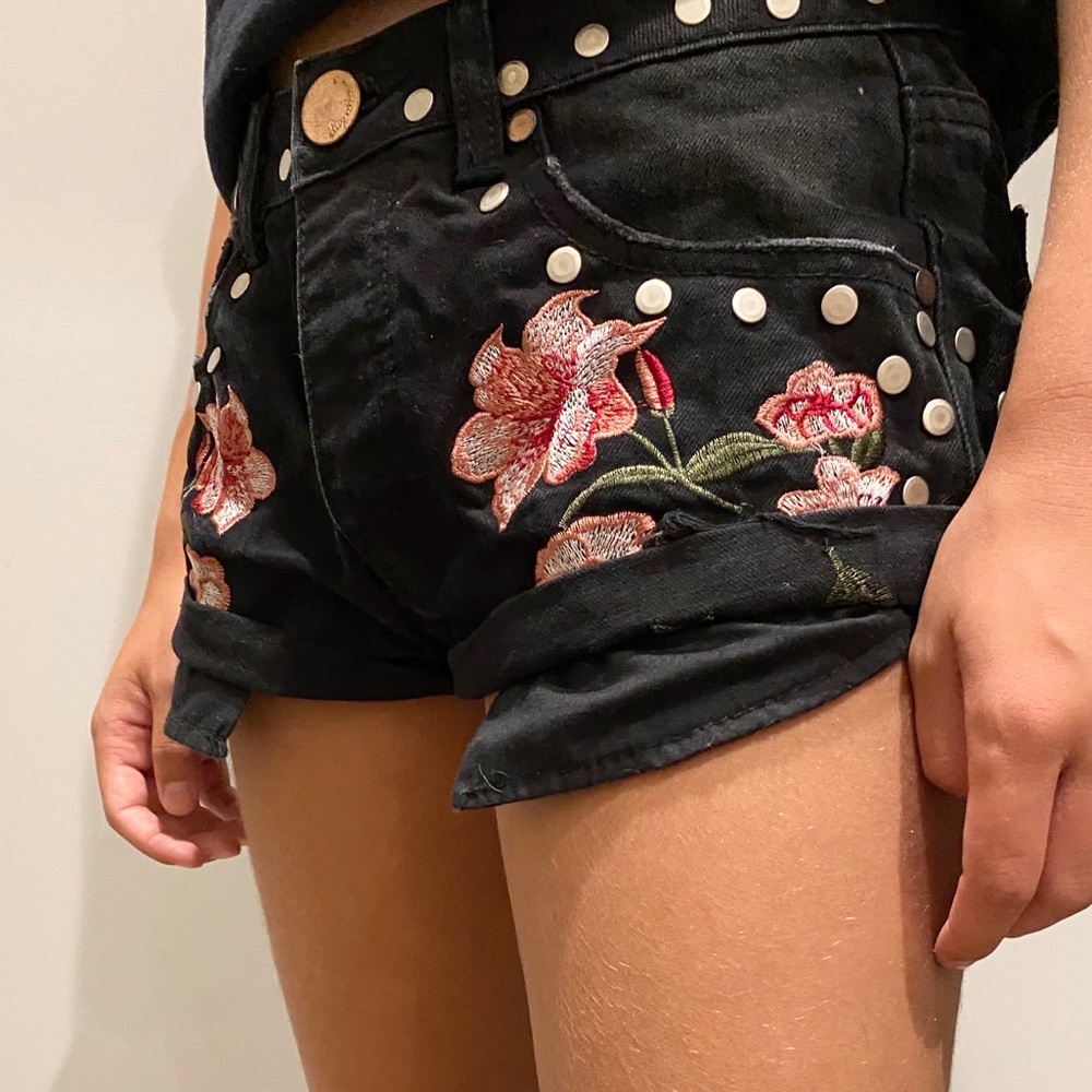 floral black jean shorts